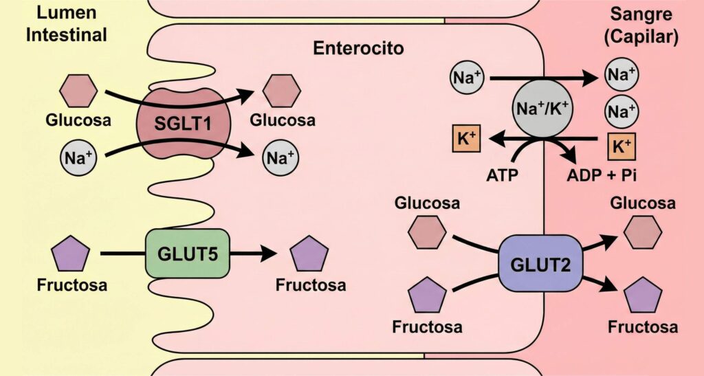 Transportadores intestinales SGLT1 y GLUT5 de Glucosa y Fructosa