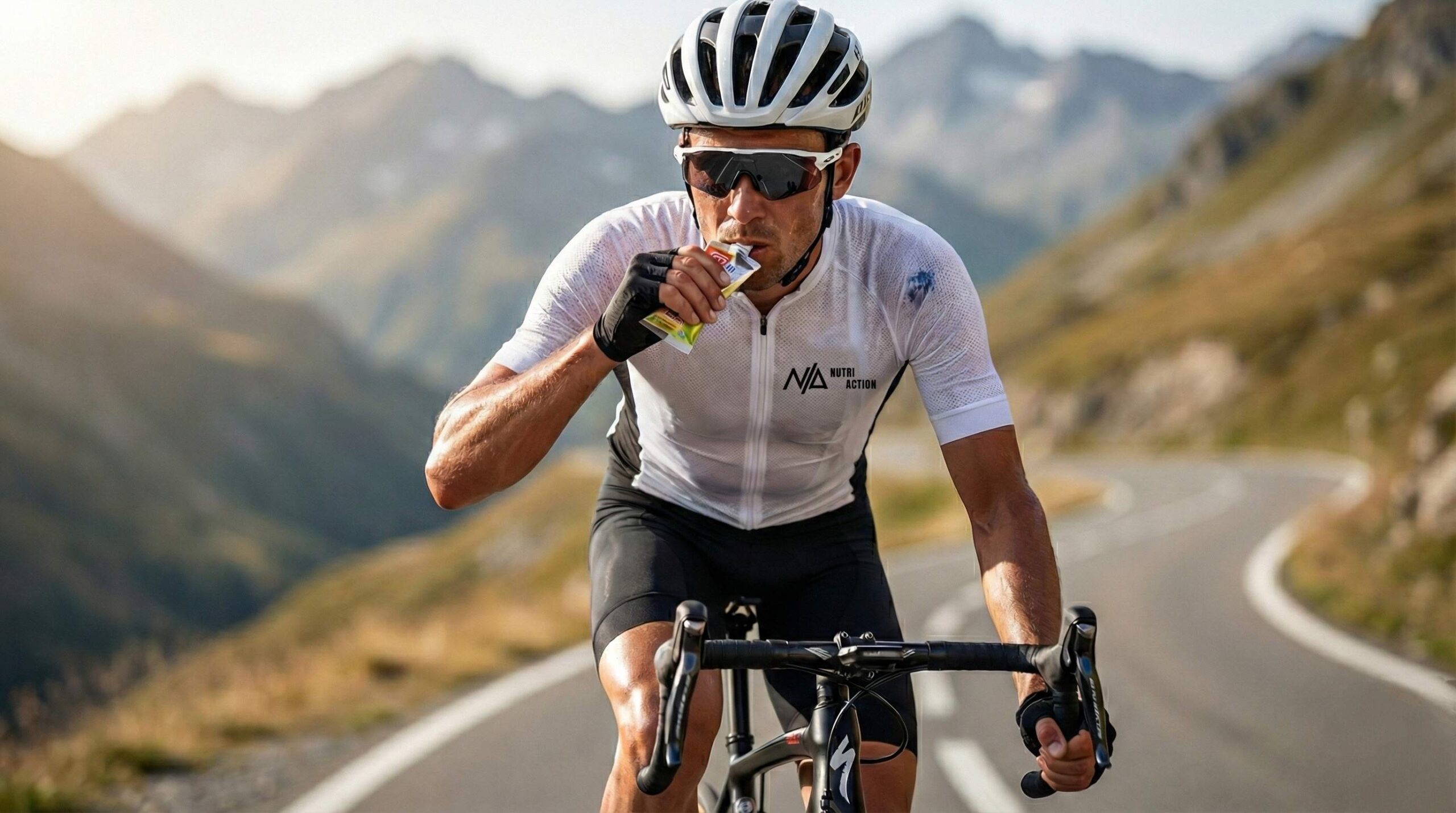 Ciclista tomando gel deportivo Ciclista tomando gel deportivo