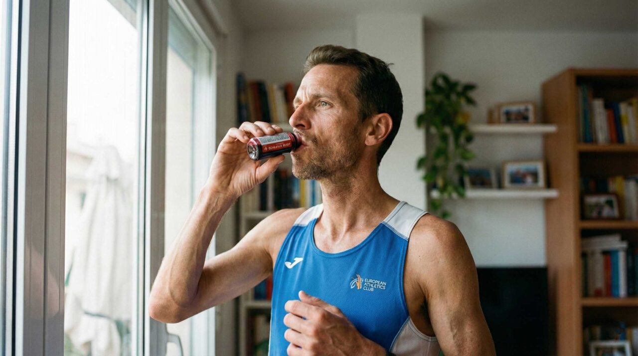 Shot de nitratos para mejorar el rendimiento deportivo Atleta tomando un shot de nitratos antes de una competición de resistencia